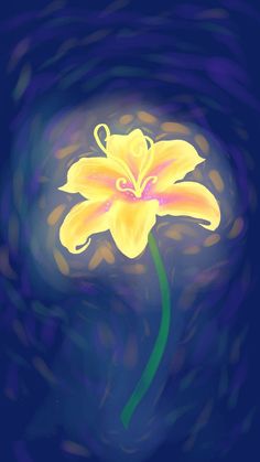 a yellow flower is in the middle of some blue and purple swirly watercolors