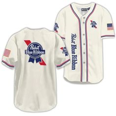 Pabst Blue Ribbon USA Flag Baseball Jersey | Jersey Shirt Varsity Jersey With Moisture-wicking Material, Blue Crew Neck Jersey For Fan Gear, Collegiate Baseball Jersey With Moisture-wicking Material, Collegiate Baseball Jersey With Moisture-wicking Technology, Moisture-wicking Cotton Jersey For Team Events, Collegiate Moisture-wicking Jersey For Baseball Season, Blue Sporty Sublimation Design For Baseball Season, Baseball Season Sports Jersey With Moisture-wicking, Blue Sportswear Tops For Game Day