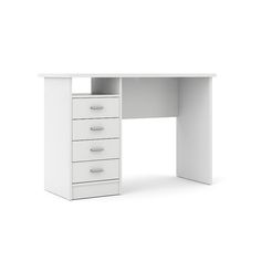 a white desk with three drawers on the bottom and one drawer at the top that is closed