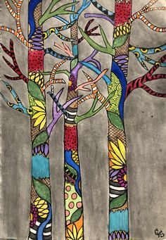 a drawing of three trees with different colored branches