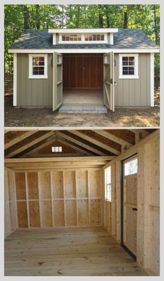 two pictures showing the inside and outside of a small shed with wood flooring, windows, and doors