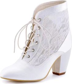 Lasaky - Lace White Round Toe Chunky Heel Satin Patchwork High Heel Boots with Hollow Out Design and Lace-up - Elegant Evening Boots Bohemian Style Gown, Types Of Gowns, Traditional Gowns, Bridal Boots, Wedding Boots, Bridal Wedding Shoes, Social Dresses, Elegant Heels, Chicken Wraps