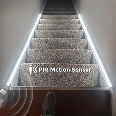 an image of stairs with the pir motion sensor logo on one side and light at the bottom