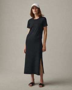 Midi Tee Dress - Black Fitted Cotton T-shirt Dress With Crew Neck, Black Short Sleeve Maxi Dress For Loungewear, Fitted Cotton Dress With Crew Neck, Summer Dress With Side Slits And Crew Neck, Summer Dresses With Side Slits And Crew Neck, Casual Midi-length Dresses With Side Slits, Elegant Short Sleeve Maxi Dress, Casual Short Sleeve Maxi Dress With Side Slits, Chic Dresses With Relaxed Fit And Crew Neck