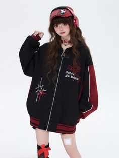 Step into the world of whimsical fashion with our Black and Red Kitty Ears Hooded Baseball Jacket. This charming outerwear piece features a playful colorblock design that effortlessly combines black with red. The jacket is equipped with a convenient zip closure. One of the standout features of this jacket is the adorable hood adorned with kitty ears, adding a touch of kawaii charm to your outfit. The front of the jacket showcases intricate embroidery, adding a sophisticated and unique element to Black Techwear, Knitted Leg Warmers, Laced Up Shirt, Ruffle Mini Skirt, Casual Wide Leg Pants, Crazy Girls, Whimsical Fashion, Baseball Jacket, Full Length