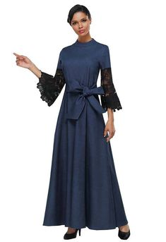 Serafina 3053D Non-stretch Cotton Dress For Fall, Non-stretch Cotton Fall Dresses, Long Sleeve Indigo Denim Dress, Elegant Fitted Denim Dress, Fitted Denim Maxi Dress, Chic Fitted Denim Maxi Dress, Chic Denim Maxi Dress Fitted, Elegant Fitted Denim Blue Dress, Fitted Denim Maxi Dress In Medium Wash