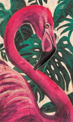 a painting of a pink flamingo with green leaves