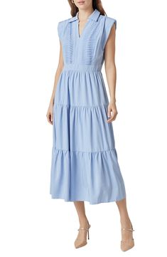 Dainty details blend with trend-right padded shoulders in a modern take on the romantic dress. Slips on over head V-neck with spread collar Sleeveless Lined 100% polyester Hand wash, dry flat Imported Powder Blue Dress, Tiered Midi Dress, Romantic Dress, Pin Tucks, Powder Blue, Nordstrom Dresses, Blue Dress, Blue Dresses, Top Brands