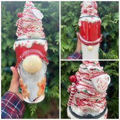 three different shots of a fire hydrant decorated with candy canes and other decorations