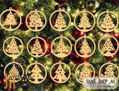 twelve christmas tree ornaments hanging from a christmas tree