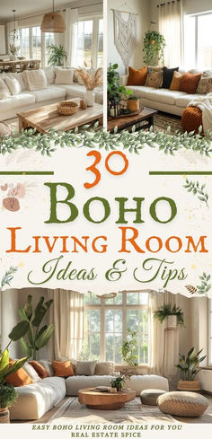 says 30 boho living room ideas and tips with 3 images of boho living rooms with sofas poufs coffee tables plants ceiling lights below says easy boho living room ideas for you Boho Formal Living Room, Boho Living Room Couch Ideas, Hobo Living Room, Boho Sunroom Decorating Ideas, Clean Boho Living Room, Boho Cottagecore Living Room, Earthy Cozy Living Room, Light Colored Living Room, Boho Traditional Living Room