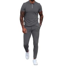 1.Material: This tracksuit for men set made of high-quality fabric, durable, anti-pilling, skin-friendly and lightweight, which give your a great flexibility and comfort wearing experience for jogging or gym training. 2.Quarter Zip Design: Casual zipper polo shirt set is finished with a 1/4 zip neckline, muscle fit cut and complements your physique. The stand collar design can help you to keep your neck warm, and increase your visual height. 3.Drawstring Track Pants: The waistband is designed wi Fitted Solid Tracksuit For Jogging, Fitted Tracksuit For Jogging, Fitted Solid Color Tracksuit For Workout, Fitted Solid Color Tracksuit For Gym, Fitted Solid Tracksuit For Gym, Fitted Tracksuit For Sports Season, Fitted Moisture-wicking Tracksuit For Training, Gray Fitted Athleisure Tracksuit, Fitted Gray Athleisure Tracksuit