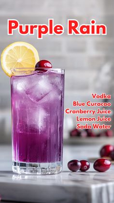 a purple drink with cherries on the side