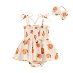 PRICES MAY VARY. FASHIONABLE DESIGN: Newborn infant Baby girl romper dress with fruit/flower print, square neck, ruched design, ruffled hemline, puffy short sleeves, baby girl summer romper, and cute headband set, simple but fashionable, make your baby so cute. MATCHING:Toddler girl jumpsuit can be easily matched with shoes, accessories and jackets to show your baby's unique temperament,Baby girl clothes a perfect outfit for summer. SOFT AND BREATHABLE: The two-piece infant girl jumpsuit is made Casual Summer Rompers, Peach Print, Newborn Gown, Bodysuit Dress, Baby Rompers, Jumpsuit Pattern, Casual Rompers