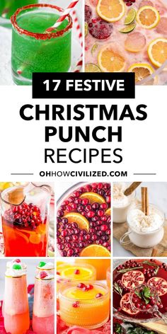 christmas punch recipe collage with oranges, cranberries and other holiday drinks