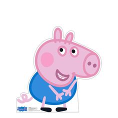 a pink pig with a blue shirt and black pants is standing in front of a white background