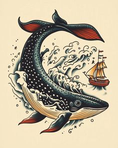 a drawing of a whale with a boat in the water and waves around it's head