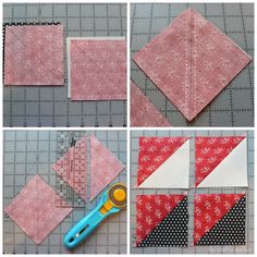 four pictures showing how to make an origami quilt block with scissors and fabric