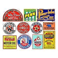 several different types of advertising signs are shown in this image, including oil and gasoline