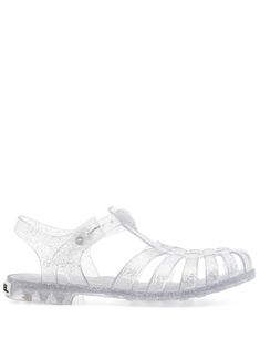 white/silver-tone transparent design glitter detailing caged design round toe appliqué logo to the rear flat rubber sole side buckle fastening Carel Shoes, Carel Paris, Chloe Purses, Caged Sandals, Shop Shoes, Transparent Design, Summer Beach Wear, Sneaker Wedge, Ballet Flat Shoes