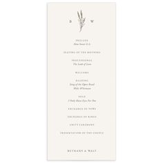 the wedding program is displayed on a white card