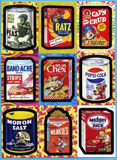 an advertisement for various canned foods on a colorful background