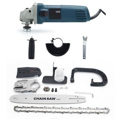 the tools needed to make a chain saw are shown in this image, including an electric drill