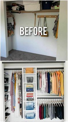 before and after photos of an organized closet with clothes hanging on shelves, the bottom is open