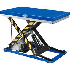 a scissor lift table with blue top and yellow stripeing on the bottom