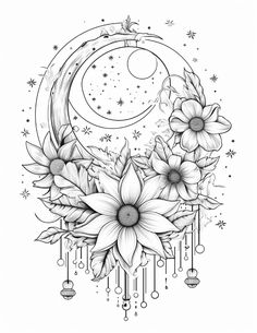 a black and white drawing of the moon with flowers