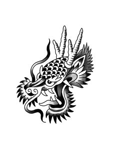 a black and white drawing of a dragon head