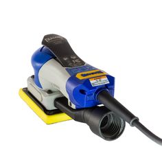 a blue and white sanding machine on a yellow duster with a black handle