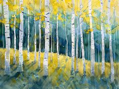 a painting of trees with yellow leaves on them