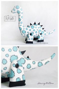 an image of a paper dinosaur that is made to look like it has blue flowers on it