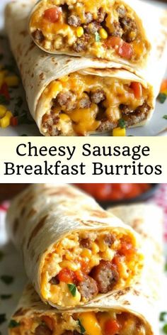 cheese sausage breakfast burritos are stacked on top of each other and ready to be eaten