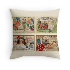 a pillow with four pictures of children and flowers on the front, two are in different colors