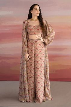 Shop for Ease Brown Crepe Printed Jacket And Palazzo Set for Women Online at Aza Fashions Indian Fusion Outfits, Floral Print Dress Outfit, Fusion Outfits, Palazzo Dress, Brown Embroidery, Brown Floral Print, Traditional Indian Dress, Bollywood Outfits, Printed Jacket