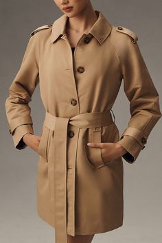 Polyester; polyester lining Side slant pockets Button front Spot clean Imported | Belted Trench Coat Jacket by Ellen Tracy in Beige, Women's, Size: Largearge, Polyester at Anthropologie Double-breasted Gabardine Outerwear For Work, Double-breasted Gabardine Outerwear With Pockets, Elegant Gabardine Outerwear With Pockets, Fall Gabardine Outerwear With Button Cuffs, Beige Gabardine Outerwear With Button Cuffs, Beige Gabardine Outerwear With Double Button Closure, Classic Button-up Outerwear For Work, Classic Outerwear With Buttons For Work, Classic Outerwear With Button Closure For Work