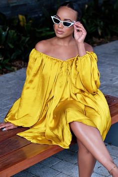 Luxury Feminine Dresses For Brunch, Luxury Women's Mustard Dress, Luxury Yellow Dress For Brunch, Luxury Black Dress For Brunch, Luxury Spring Off Shoulder Dress For Brunch, Luxury Chiffon Dress For Brunch, Luxury Off Shoulder Dress For Spring Brunch, Yellow Evening Party Dress, Luxury Casual Dresses For Brunch