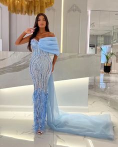 Prom Dresses With Feathers, Dresses With Feathers, Dress Arabic, Mermaid Cocktail, Blue Long Prom Dress, Cocktail Dresses For Women, Evening Dress Beaded, Engagement Gowns, Blue Mermaid