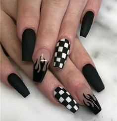 black and white nail designs with checkered design on the tip of each finger,