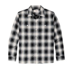 Made with sturdy 7-oz. cotton, our Elk Heights Camp Shirt is ideal for three-season wear. The sturdy flannel fabric is brushed for comfort from the first day. The camp collar is unstructured, sewn directly to the shirt so it lays flat and open. This comfortable design originated in warm climates and is sometimes known as a Cuban collar. Characteristic of camp shirts, the hem is straight for casual untucked wear. Dual knife pleats in the rear shoulder provide ease of motion. Buttons secure the no-flap chest pockets. Button-adjustable cuffs. | Filson Elk Heights Camp Shirt BlkGryShdw Size Medium Plaid Camp Collar Tops With Relaxed Fit, Fall Cotton Shirt With Camp Collar, Cotton Top With Spread Collar For Fall, Black Cotton Relaxed Fit Flannel Shirt, Winter Cotton Tops With Spread Collar, Classic Camp Collar Tops For Fall, Classic Long Sleeve Camp Shirt With Relaxed Fit, Classic Long Sleeve Cotton Camp Shirt, Gray Cotton Shirt For Winter