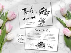 two business cards with tulips on them and the words thank a bunch written in black ink