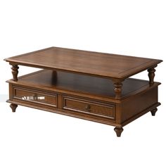 a wooden coffee table with drawers on each side and an open drawer underneath the top