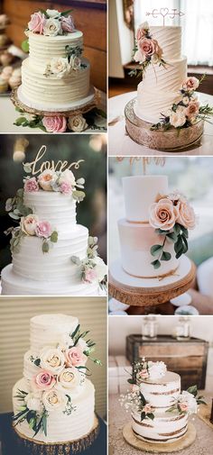 wedding cakes with flowers and greenery on the top, bottom, and bottom tiers