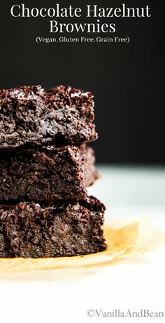 chocolate hazelnut brownies stacked on top of each other with the title above it