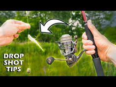 two hands holding a fishing rod and a spinning reel with the caption drop shot tips