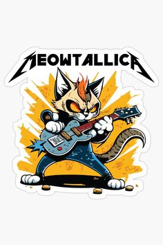 a cat playing an electric guitar with the words meowtallic written on it