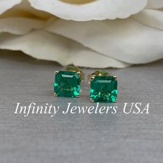 "The stud earrings pictured are lab created emerald #5519. Also shown in white gold. Earring back style is subject to change due to availability. -Approximate total carat weight: 2.00ctw. -Center Stone Size: 6x6mm - approx. 1.00ct each diamond equivalent -Center Stone Shape: Asscher cut -Gem Type: lab created emerald -Stone Clarity: VS2 -Stone Color: lively medium green, eye-clean -Moh's Scale: 8.5 hardness -Metal Type and Purity: 14k yellow gold -Setting: 4 prong basket head -Backing: friction Green Emerald Earrings, Emerald Green Earrings, Basket Style, Emerald Earrings Studs, Pear Shaped Engagement Rings, Lab Created Emerald, Engagement Ring Shapes, White Gold Set, Three Stone Diamond