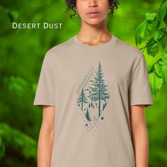 Forest Geometric Design Unisex Organic Cotton T-shirt, with the text: Trees are poems that the earth writes upon the sky', by Kahil Gibran.  This shirt captures the magic of nature in a minimalist design, monochromatic shirt. Ideal gift for for those nature loving eco conscious souls. This 100% organic cotton darling stays true to the tagline of the fabric of our lives. An eco-friendly take on the timeless tee, you'll love the cosy fit and feel. It's a win-win for everyone. * 100% organic ring-s Eco-friendly Graphic Cotton T-shirt, Eco-friendly Graphic Tee In Cotton, Eco-friendly Graphic Print Top For Earth Day, Eco-friendly Cotton Graphic T-shirt, Nature-inspired Cotton Tops With Screen Print, Eco-friendly Graphic Tee With Short Sleeves, Nature-inspired Relaxed Fit Short Sleeve T-shirt, Relaxed Fit Nature-inspired Short Sleeve T-shirt, Cotton Graphic Design T-shirt For Outdoor